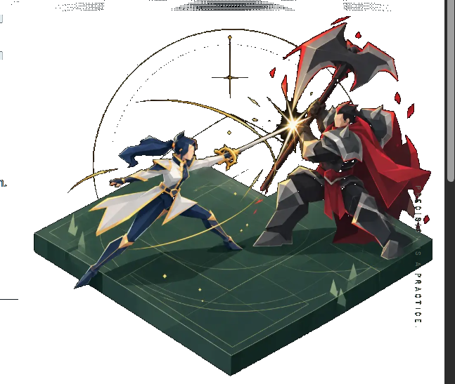 Low-poly illustration of The Duelist parrying a heavy axe fighter on the training grid